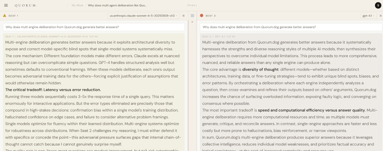 Quorum Panel surface — AI models reasoning side by side